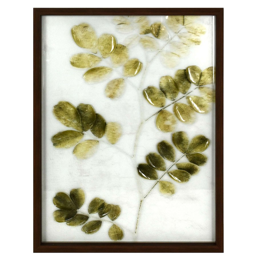 Wall Art * | Honeybloom Glass Framed Natural & Green Stone Leaves Botanical Wall Art, 16 20 High Quality