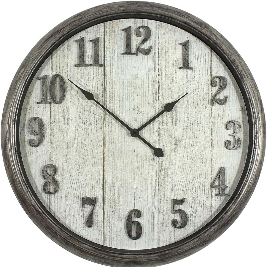 Clocks * | 30X30 Grey Distressed Deep Dish Clock With Raised Metallic Numbers Hot Sell