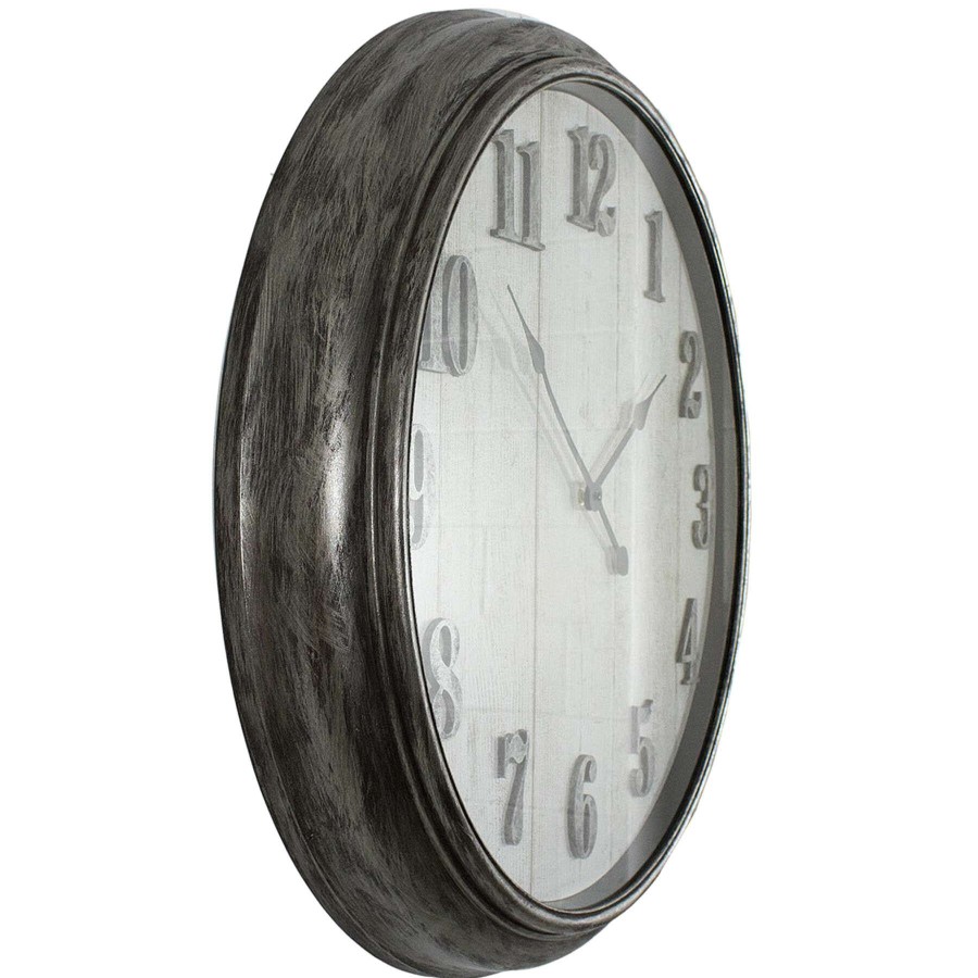 Clocks * | 30X30 Grey Distressed Deep Dish Clock With Raised Metallic Numbers Hot Sell