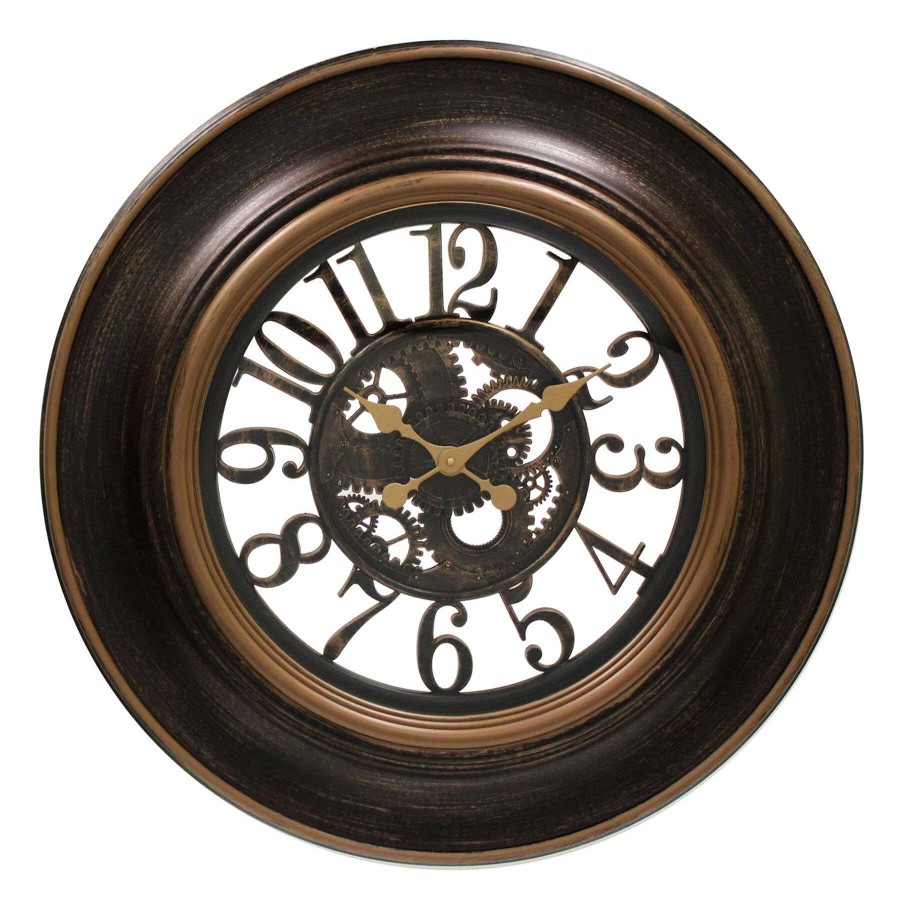 Clocks * | 30In. Ebony Round Wall Clock With Cutout Gear And Dial Hot Sell