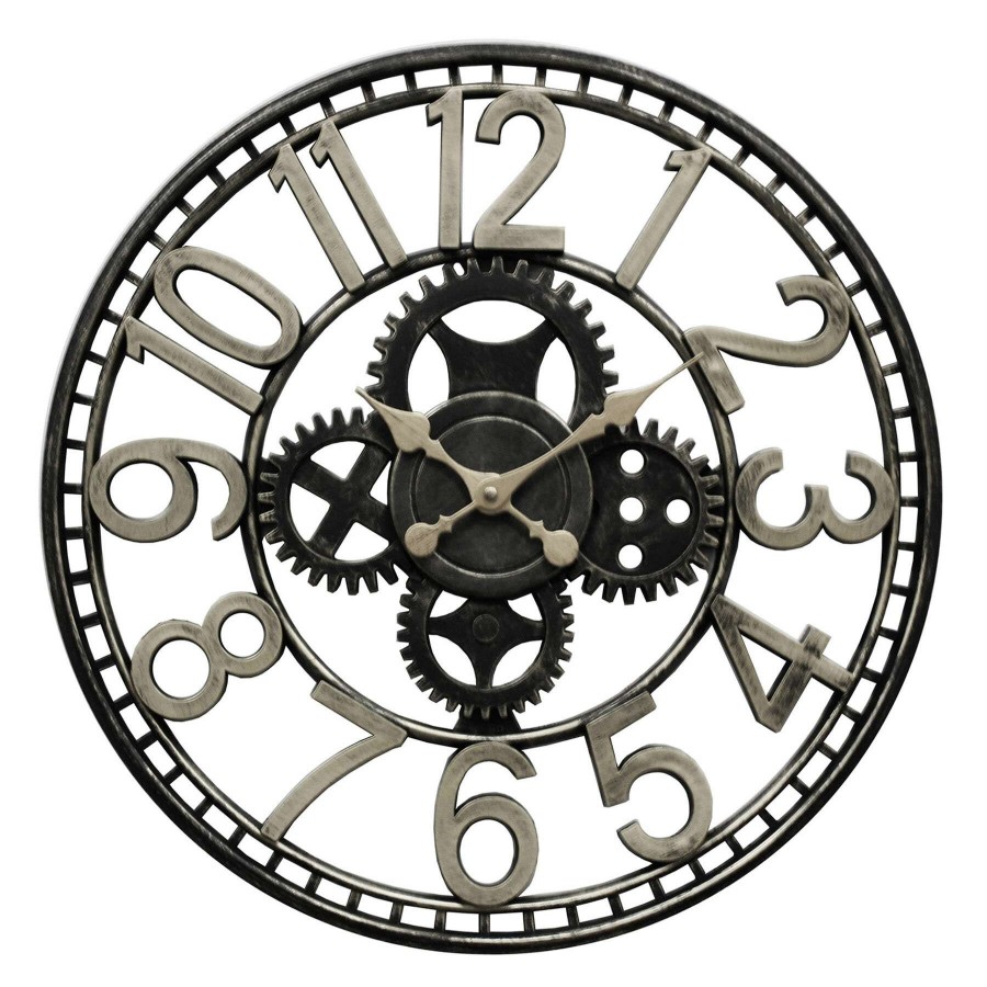 Clocks * | 20In. Black/Silver Round Wall Clock With Cutout Gear And Open Hands Best Sale