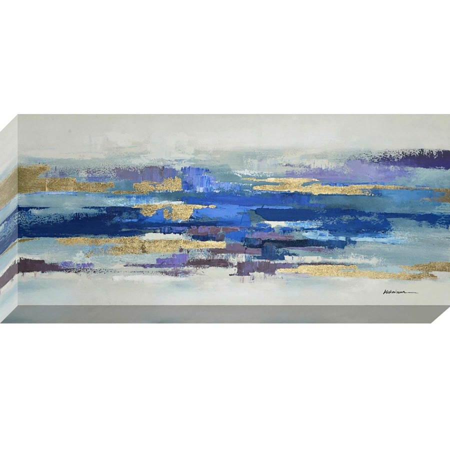 Wall Art * | 32X7X0 Horizontal Blue Patched And Touch Of Gold Enhanced Canvas High Quality