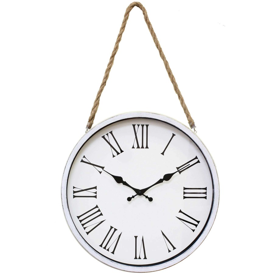 Clocks * | 16In. Distressed White Round Hanging Wall Clock With Rope Exclusive Design