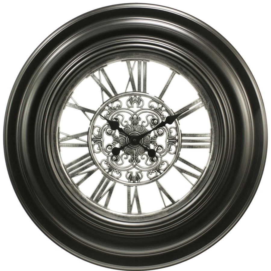 Clocks * | 30In. Black/Silver Round Medallion Wall Clock With Clear Dial Special Design