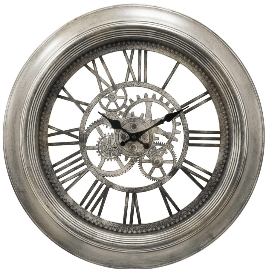 Clocks * | 20In. Pewter Round Wall Clock With Cutout Gear Store